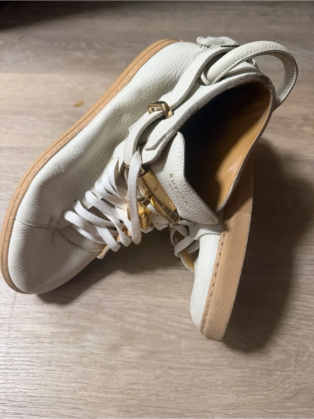 Buscemi Cream Leather Low-Top Sneakers with Gold Hardware